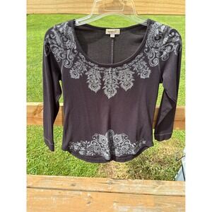 One World Women Black Thermal Waffle Knit Top Paisley Silver Graphic Print Large